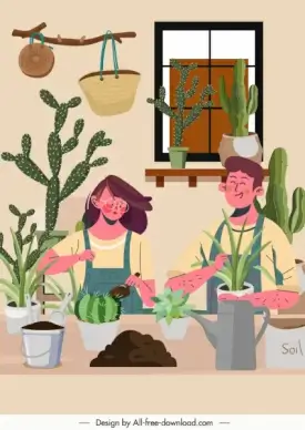 gardening work painting classic design cartoon characters sketch