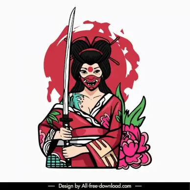 geisha japan design elements powerful woman sword kimono costume petal decor cartoon design 