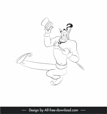 genie aladdin cartoon character icon black white handdrawn outline