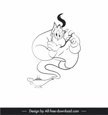 genie aladdin cartoon character icon dynamic black white handdrawn outline 