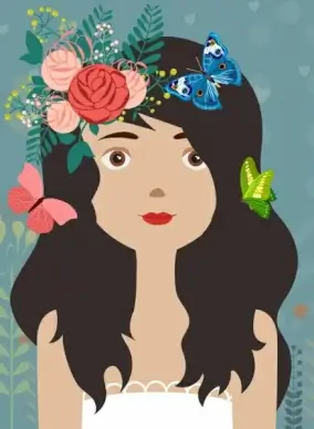 girl portrait drawing multicolored flowers butterflies decor