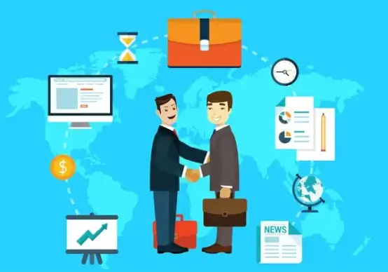 global business infographic illustration with businessmen shaking hands