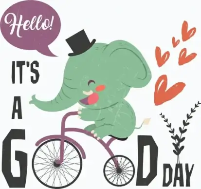 good day banner cute elephant riding bicycle icon
