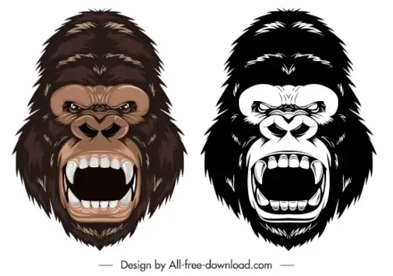 gorilla head icons colored black white aggressive sketch