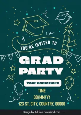 graduation invitation card template contrast flat handdrawn dynamic symbols