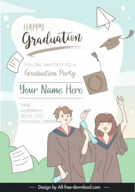 graduation invitation card template cute handdrawn cartoon students