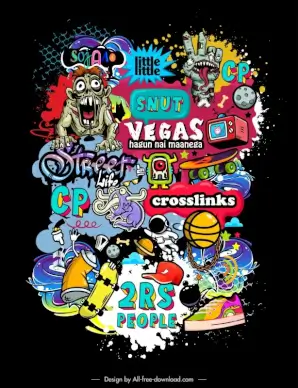 graffiti artwork backdrop template dynamic colorful handdrawn symbols outline 