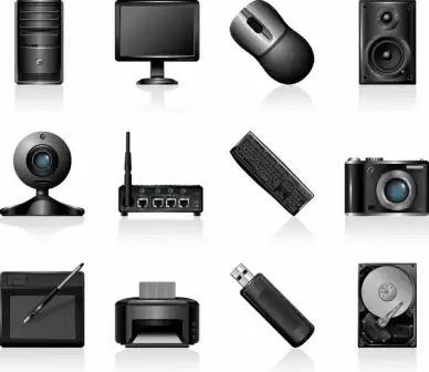 office equipment icons shiny modern realistic sketch