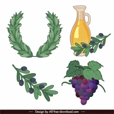greek symbols icons wreath olive grapes sketch