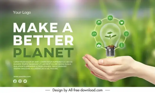 green energy poster template leaf lightbulb holding hand sketch modern blurred realistic design 