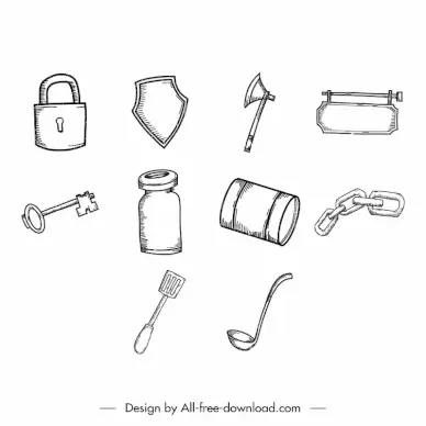 grunge icon sets classical handdrawn objects symbols outline 