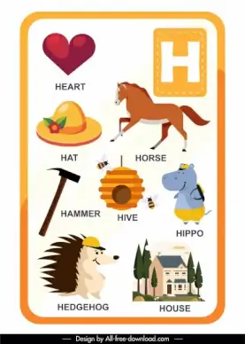 h alphabet educational template colorful emblems sketch