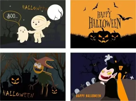 halloween banner sets ghost evil pumpkin tombs icons
