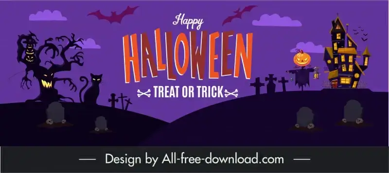 halloween  banner template dark silhouette design cat leafless tree tombs haunted house sketch