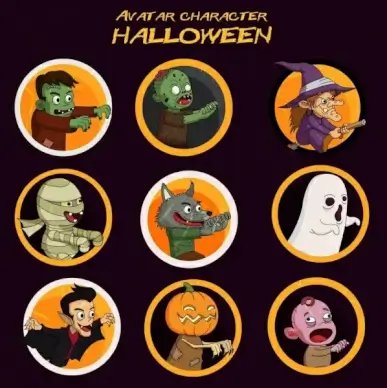 halloween characters avatars colored cartoon circle isolation