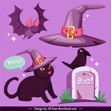 halloween design elements cat bat tomb wizard elements
