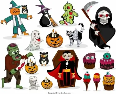 halloween design elements colored horror characters icons