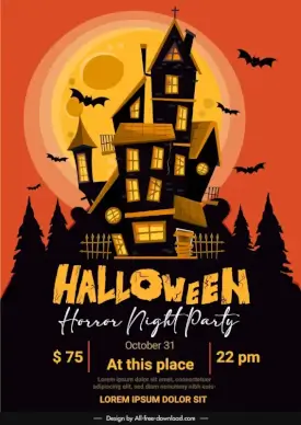 halloween horror night party poster dark silhouette design haunted house bats sketch 