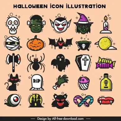 halloween icons collection colored horror emblems sketch