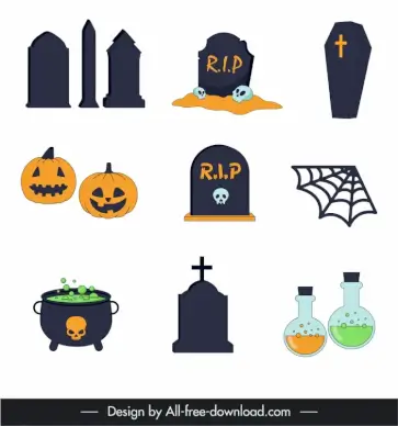halloween icons flat deadly symbols outline 