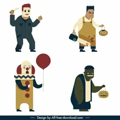 halloween icons horror devil clown characters sketch