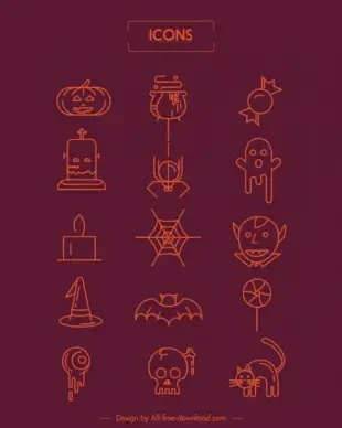 halloween icons scary objects flat sketch