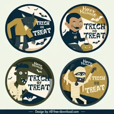 halloween label template horror characters sketch circle design