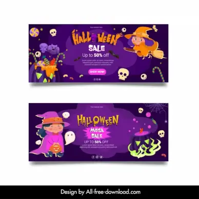   halloween mega sale banners cute child witch horror skulls ghosts decor cartoon design 