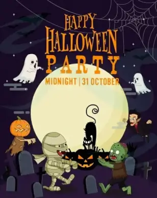 halloween party banner scary characters moonlight tombs icons