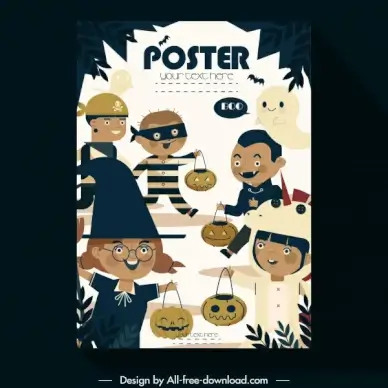 halloween poster cute cartoon characters traditional costumes sketch