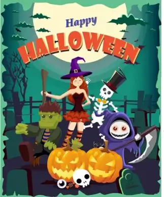 halloween poster design cute witch and emblems