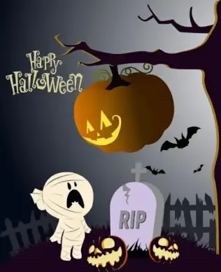 halloween poster pumpkin tree ghost icons decoration