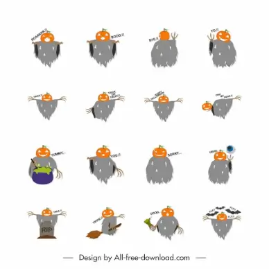 halloween sticker sets flat pumpkin dummy gestures sketch