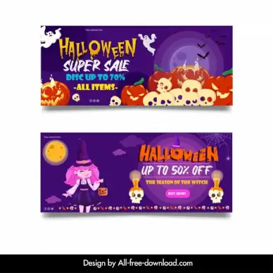 halloween super sale banner template cute witch horror ghosts skulls pumpkins moonlight elements decor 