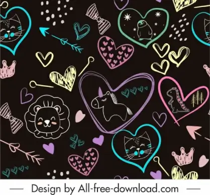 handdrawn pattern colorful flat hearts animals arrows sketch