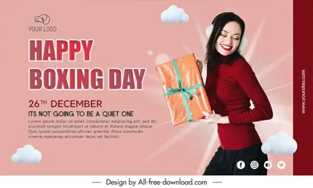 happy boxing day banner template happy lady gift clouds light rays sketch modern realistic design 