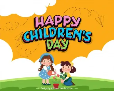 happy childrens day banner template cute girls planting flowerpot