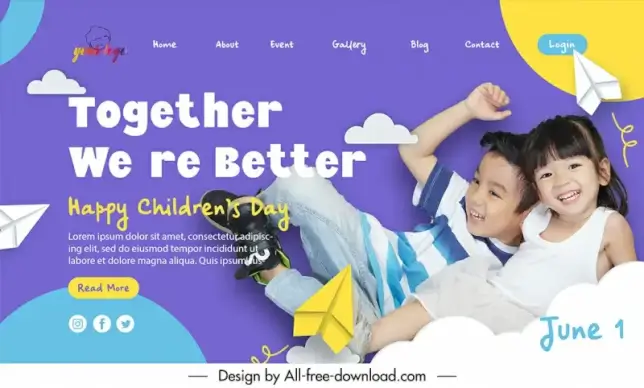 happy childrens day landing page template cute joyful children sketch realistic design