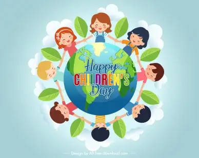 happy childrens day poster template globe hand in hand kids