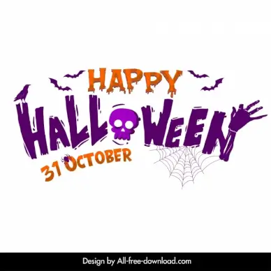 happy halloween party design element stylized texts spiderweb bone skull bat raven sketch