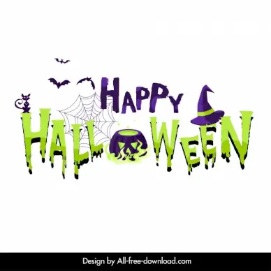 happy halloween party design elements flat classical texts bats cat pumpkin spider web witch hat sketch