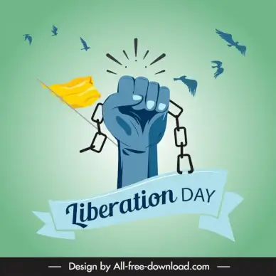 happy liberation day poster dynamic flying birds breaking chain hand flat sketch
