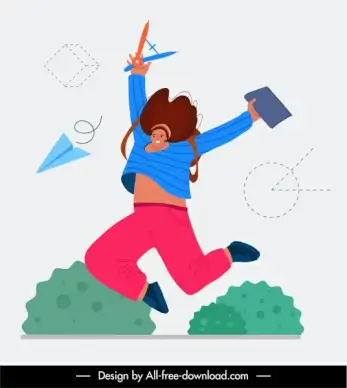 happy life concept background dynamic jumping woman sketch