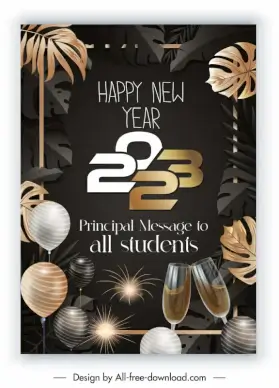 happy new year 2023 poster template elegant balloons champagne glasses leaves decor 