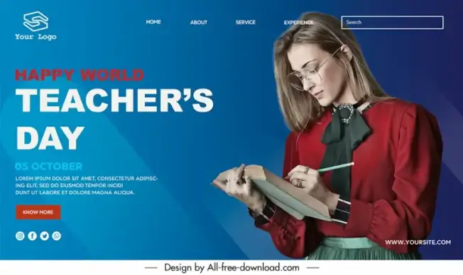 happy world teachers day landing page template elegant young female teacher writing sketch