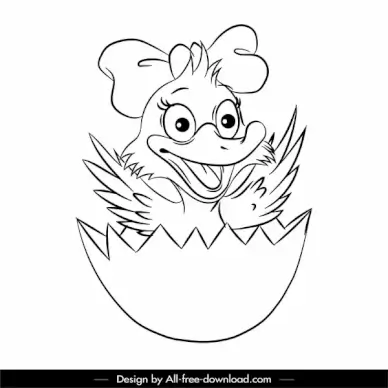 hatched duck icon funny black white cartoon sketch