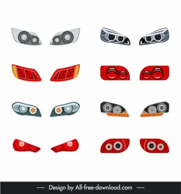 head light car parts icons flat symmetric sketch 