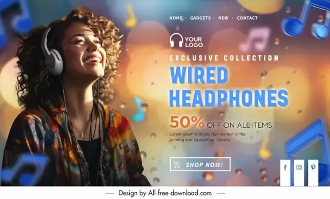 headphone landing page template bokeh light music notes dynamic design