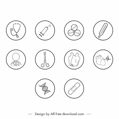 health icon sets flat handdrawn circle isolated medical elements sketch