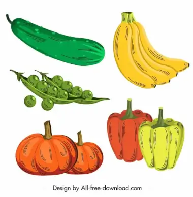 healthy food icons colored retro sketch